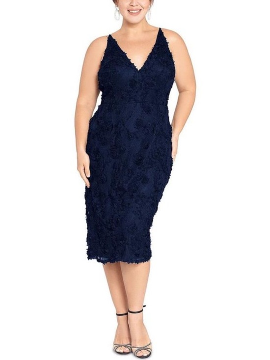 Xscape Dresses & Skirts - Xscape Navy Floral Lace V-Neck Midi Dress